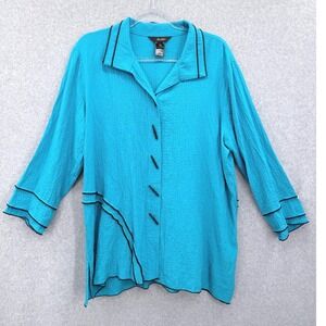 Ali Miles Blouse Women L Teal Blue Textured Toggle Button 3/4 Sleeve Asymmetric